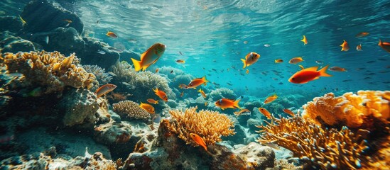 Poster - Colorful fish in the clear seetrue waters of the Red Sea. with copy space image. Place for adding text or design