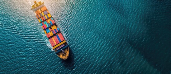 Poster - Aerial drone photo of huge container tanker ship carrying truck size colourful containers in deep blue open ocean sea. with copy space image. Place for adding text or design