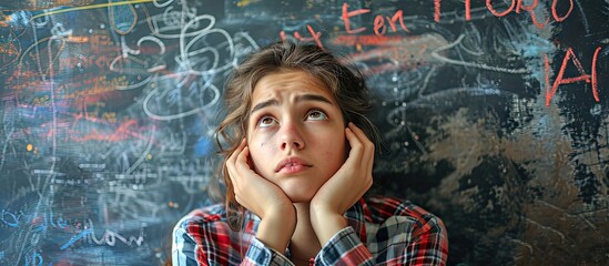 Aufkleber - A high school student solving a problem while worrying. with copy space image. Place for adding text or design