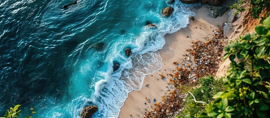 Aufkleber - Beach pollution plastic and waste from ocean on the beach Pollution on the beach of tropical sea Waste on beach with blue sea background. with copy space image. Place for adding text or design