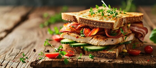 Aufkleber - Club sandwich with chicken breast bacon tomato cucumber and herbs. with copy space image. Place for adding text or design