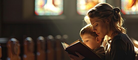 A Christian mom tells her son Bible stories about Jesus sitting in church Faith religious education modern church mother s day maternal responsibilities mother s influence on son s worldview