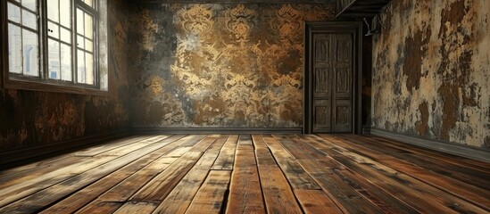 Aufkleber - Blank Empty Grunge Room with Wallpaper and Parquet. with copy space image. Place for adding text or design