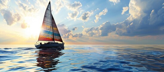 Poster - A small sailing ship with yellow and white sails sails on the blue sea Sea tourism and summer vacation. with copy space image. Place for adding text or design