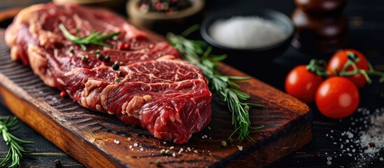 Poster - Closeup view of beef strip steak on cutting board. with copy space image. Place for adding text or design