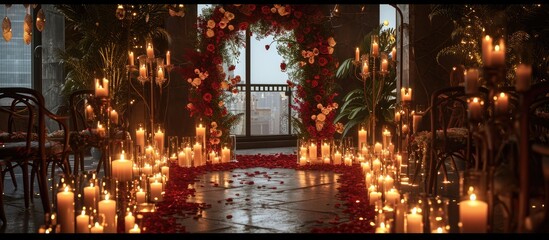 Poster - Decor with candles for surprise marriage proposal Romantic date in restaurant Candlelight setup decor for couple on Valentine s day Location with arch wall photo zone decoration flowers Wedding