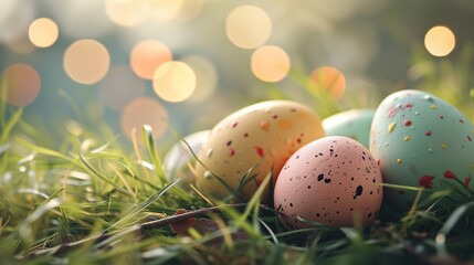 Wall Mural - Colorful decorated easter eggs on spring fresh grass with beautiful bokeh and sun flares