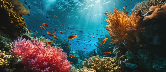 Poster - Colorful picturesque coral reef at bottom of tropical sea hard corals with Anthias fishes underwater landscape. with copy space image. Place for adding text or design