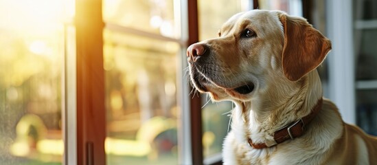 Poster - Cute Labrador Retriever with toothbrush indoors Pet care. with copy space image. Place for adding text or design