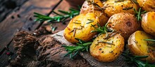 Bowl Of Rustic Fried And Roasted Potatoes With Rosemary. With Copy Space Image. Place For Adding Text Or Design