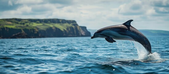 Aufkleber - Common dolphin delphinius delphis leaping clear of the water during a whale watching tour from Tobermory on the Isle of Mull Inner Hebrides Scotland. with copy space image