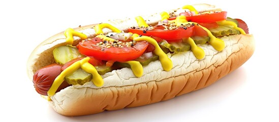 Poster - Chicago Style Hot Dog with Mustard Pickle Tomato Relish and Onion. with copy space image. Place for adding text or design