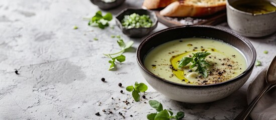 Poster - Bowls of broccoli cream soup with olive oil pepper and toasted bread slices on a rustic white wooden table. with copy space image. Place for adding text or design