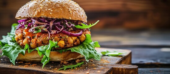 Aufkleber - Delicious Mexican vegan burger with chickpeas onion lettuce and spicy chili sauce. with copy space image. Place for adding text or design
