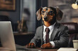 © екатерина лагунова - The dog is a businessman, cute dog is working at a silver laptop in his office. a dog in a jacket at work at a desk.