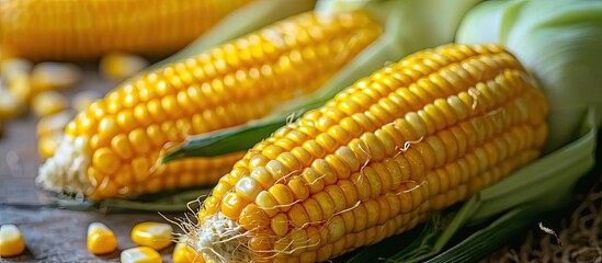 Poster - fresh corn on the stalk in a field yellow corn sweet corn. with copy space image. Place for adding text or design