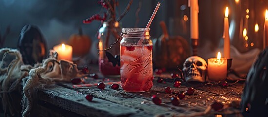 Poster - Halloween table setting for drinks A glass jar with straws candles and a skull on a dark background Halloween decorations. with copy space image. Place for adding text or design