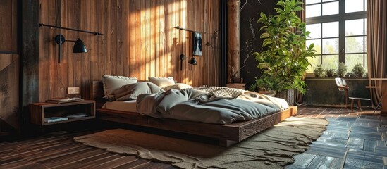 Poster - bedroom bed home house hotel comfortable pillow cozy wooden sleep real flat apartment winter white bright cottage elegant design. with copy space image. Place for adding text or design