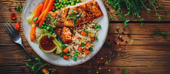 Poster - Fried salmon with brown rice peas carrots and leek on a plate. with copy space image. Place for adding text or design