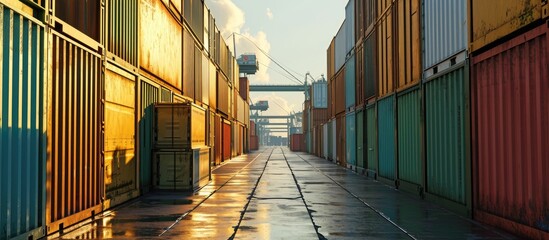 Poster - Container stack Import and export perspective. with copy space image. Place for adding text or design