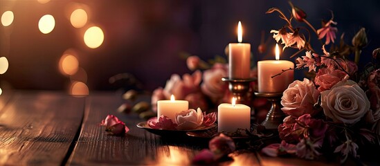 Aufkleber - Candlelight decor near table for couple on Valentine s day Luxury romantic date Decoration flowers decor candles Location for surprise marriage proposal. with copy space image