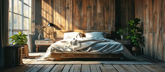 Poster - bedroom bed home house hotel comfortable pillow cozy wooden sleep real flat apartment winter white bright cottage elegant design. with copy space image. Place for adding text or design