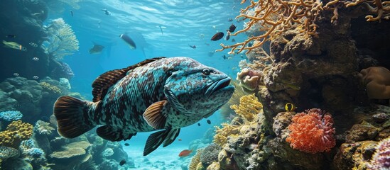 Poster - Coral reef in South Pacific with large grouper. with copy space image. Place for adding text or design