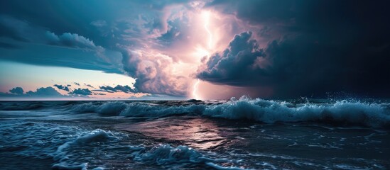 Poster - Bright lightning bolt strikes in the North Sea during a summer thunderstorm. with copy space image. Place for adding text or design