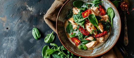 Aufkleber - Chicken fillet with spinach and sun dried tomatoes in coconut milk Healthy food. with copy space image. Place for adding text or design
