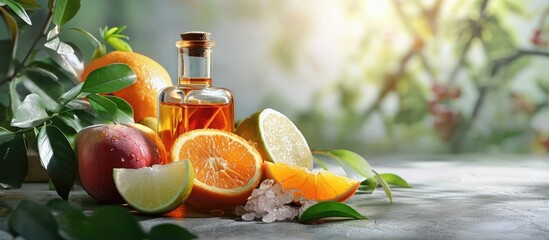Poster - Grapefruit essential oil Fruit slices aroma oil apothecary bottle. with copy space image. Place for adding text or design