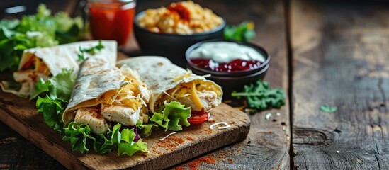 Wall Mural - Fried chicken crispy tortilla roll with lettuce garnishing served with dips and sauces on a round wooden plank. with copy space image. Place for adding text or design