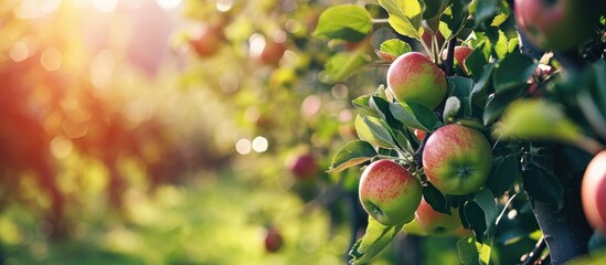 Poster - Apple orchard with an unripe harvest of green apples apple orchard with a harvest of apple fruits in the summer. with copy space image. Place for adding text or design