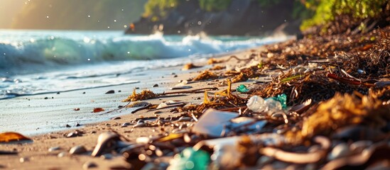 Aufkleber - Beach pollution plastic and waste from ocean on the beach Pollution on the beach of tropical sea Waste on beach with blue sea background. with copy space image. Place for adding text or design