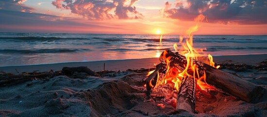 Poster - Camp fire by the beach during sunset Amazing sunset view by the beach. with copy space image. Place for adding text or design