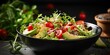 The Art of Crafting a Nutritious and Fresh Mixed Vegetables Salad Freshness on plate healthy vegetarian salad with grilled tomato red onions lettuce and quail eggs healthy food.AI Generative