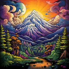 Sticker - Psychedelic art of mountain with vivid color