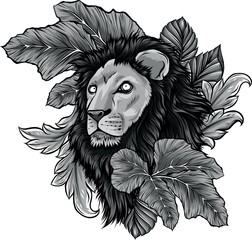 Sticker - monochromatic lion head surrounded by tropical plants leaves