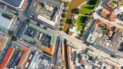 Wall Mural - Vasteras, Sweden. The central part of the city. Svartan River (Svartan). Summer day, Aerial View