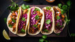 Row of Mexican street Tacos on slate with carne asada and al pastor in corn tortilla