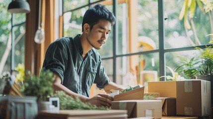 Business owner man working online shopping prepare product packaging process at his home, young entrepreneur concept