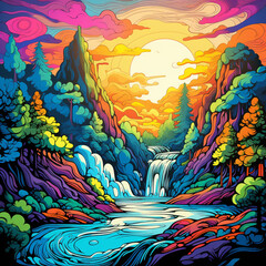 Canvas Print - Psychedelic art of waterfall with vivid color