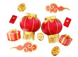 Happy chinese new year wealth and prosperity with chinese lanterns and golden coins, cloud and gift boxes. 3D Elements asian festival for banner, poster, flyers, greeting card. 3d rendering