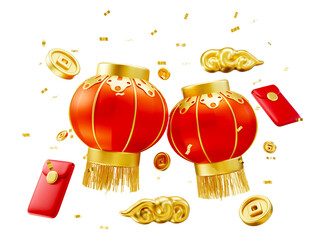 Wall Mural - Happy chinese new year wealth and prosperity with chinese lanterns and golden coins, gold cloud and confetti. 3D Elements asian festival for banner, poster, flyers, greeting card. 3d rendering