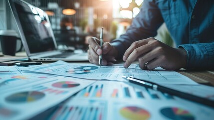 Poster - businessman analyzing and discussing and brainstorming chart data. financial report graph in the office financial advisor and accounting concept