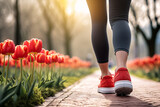 Back view of woman with sport shoes jogging in park with red tulip spring flowers