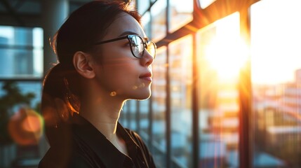 Poster - businesswoman looking ahead in business office