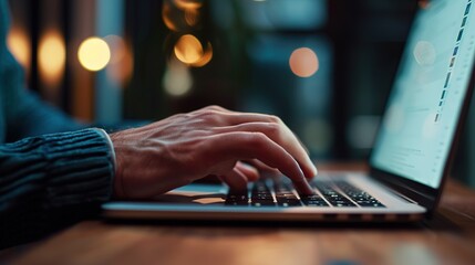 Wall Mural - close up of male hands while typing on laptop computer in modern office