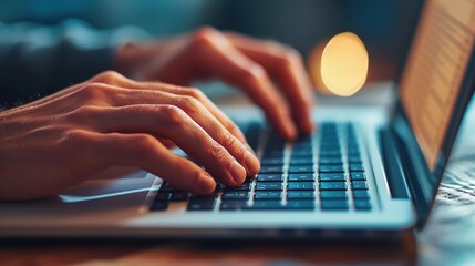 Wall Mural - close up of male hands while typing on laptop computer in modern office