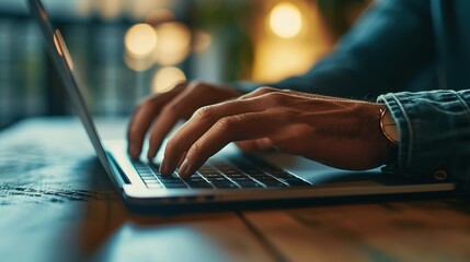 Poster - close up of male hands while typing on laptop computer in modern office