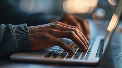 Poster - close up of male hands while typing on laptop computer in modern office